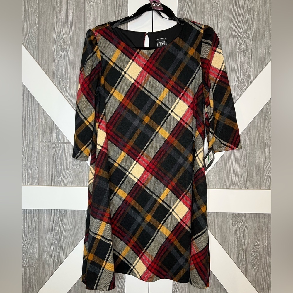 NWT Jessica Howard Women's Puff Shoulder Long Sleeve Plaid A-Line Dress PL